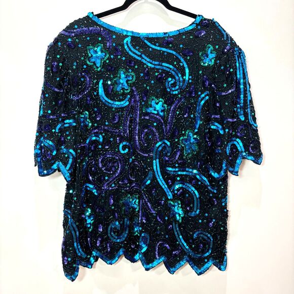 VTG Lawrence Kazar Sequin Top 3X Silk Blue Green Peacock Beads 80s Disco Evening - Picture 9 of 16